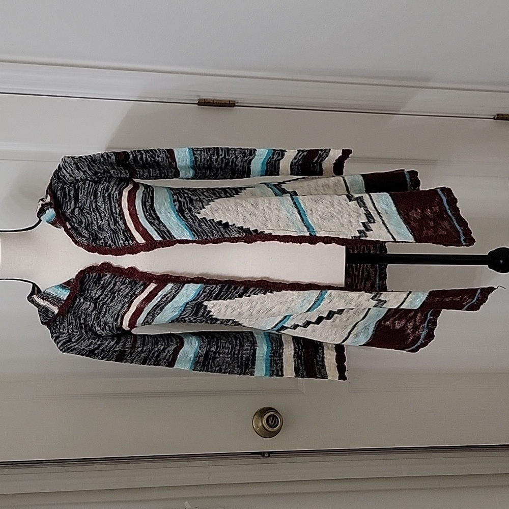 Alya (Francesca’s) Size S Teal, Black Burgundy, White Aztec Knit Hooded Cardigan - Picture 1 of 11